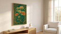 Art Nouveau Green Poppy Flower Poster Vintage Mucha Style Floral Wall Art Print