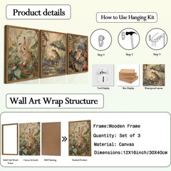 Framed Vintage Cottagecore Wall Art Set of 3, Cute Rabbit Frog Mouse Pictures Wa