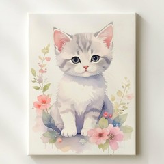 Watercolor Kitten & Floral Wreath Canvas Soft Pastel Feline Art Some Moments
