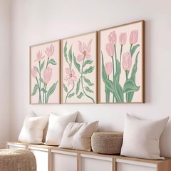 Pink Tulip Florals Canvas Wall Art Set Of 3,Boho Pink and Green Wall Decor Pi…