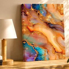 Wall Art Abstract Fluid Marble Gold Glitter Blue Orange Canvas Print Home Decor
