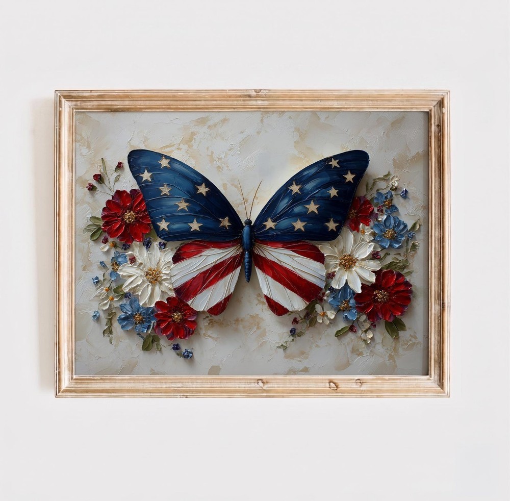 Patriotic Butterfly Wall Art, American Flag Floral Print, 4th of July Poster