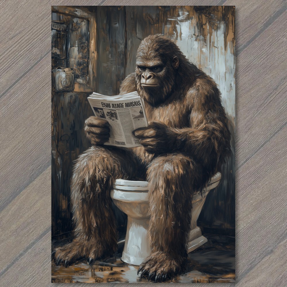 Art Print Funny Bigfoot Sasquatch Newspaper Outhouse Cabin Woods Cryptid Humor