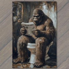 Art Print Funny Bigfoot Sasquatch Newspaper Outhouse Cabin Woods Cryptid Humor