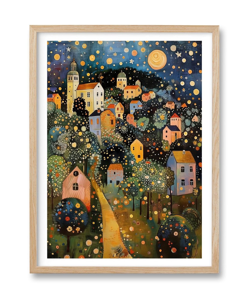 Natural OAK Wood Frame Wall Art,12x16in Gustav Klimt Style Moon Stars Tree Ca…