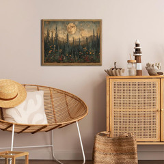 Vintage Nature Forest Wall Art Dark Moon Landscape Painting Wall Decor Woodland