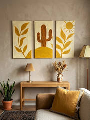 3-Piece Cactus Botanical Nature Print Set, Unframed Vertical Beige Yellow
