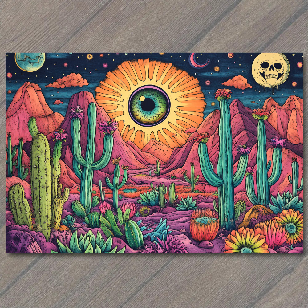 Art Print Psychedelic Desert Cactus Eye Sun Surreal Mountains Trippy Colors