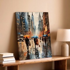 Wall Art Rainy City Street Painting Umbrella Figures Urban Skyline Canvas Poster
