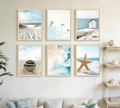 6 Pcs Coastal Poster Wall Art,Seaside Wave Beach Painting Picture Wall Decor
