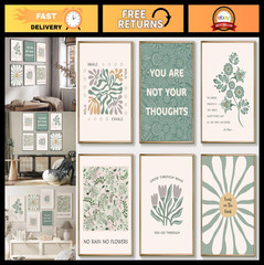 6 Pcs Mental Health Wall Art – Motivational Quotes & Green Abstract Canvas Decor