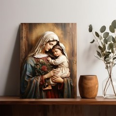 Canvas Art Framed Virgin Mary And Baby Jesus Rose Antique Religious Icon Decor