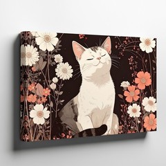 Wall Art Canvas a Stylized Illustration of a White Cat with Closed Eyes and a