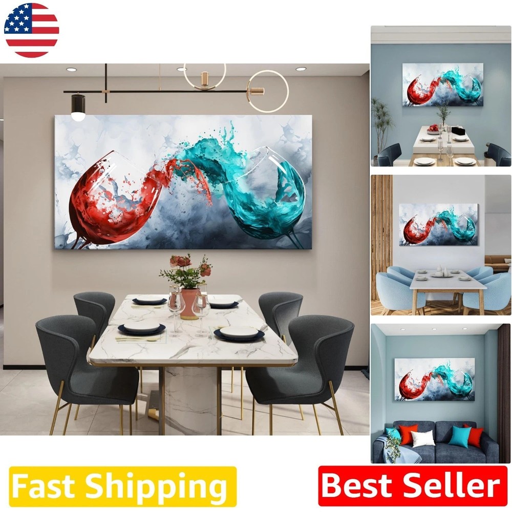 48×24″ Abstract Wine Art Canvas, Waterproof Blue Red Dining Room Decor
