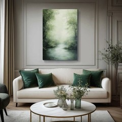 Misty Forest River Abstract Green Painting Print on Framed Canvas Wall Art Decor