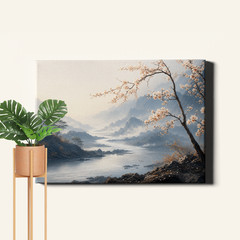 Misty mountain river landscape flowering trees Poster Print misty river with
