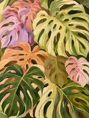 Vibrant Tropical Plant Art Print Variegated Monstera Leaf Poster Boho Wall Decor