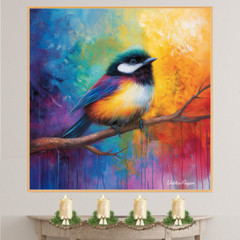 Colorful Bird on Branch Watercolor Flat Rolled, Framed or Wrapped Canvas