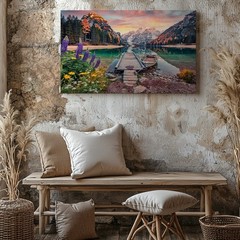 Lake Mountain Landscape Canvas Wall Art with Dock Boat and Colorful Flowers