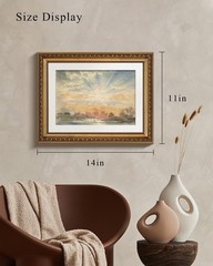 Gold Framed Serene Watercolor Landscape Sunrise, Elegant Coastal Wall Art for…