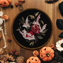 Pink Bat and Pomegranate Round Wall Art Decor,10×10 Inch Gothic Whimsical Can…
