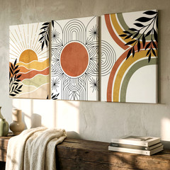 3 Pieces Abstract Sun Leaf Earth Tones Geometric Patterns Large Wall Art Decor