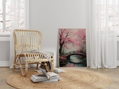 Sakura Tree Art Poster – Japanese Bridge – Pink Cherry Blossom Wall Art Decor