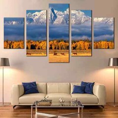 Grand Teton Snow Wyoming Mountains With Autumn Landscape 5 Piece Canvas Wall Art