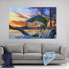 Large Mouth Bass Fish Canvas Wall Decor, Realistic Fish Oil Painting Bold Poster