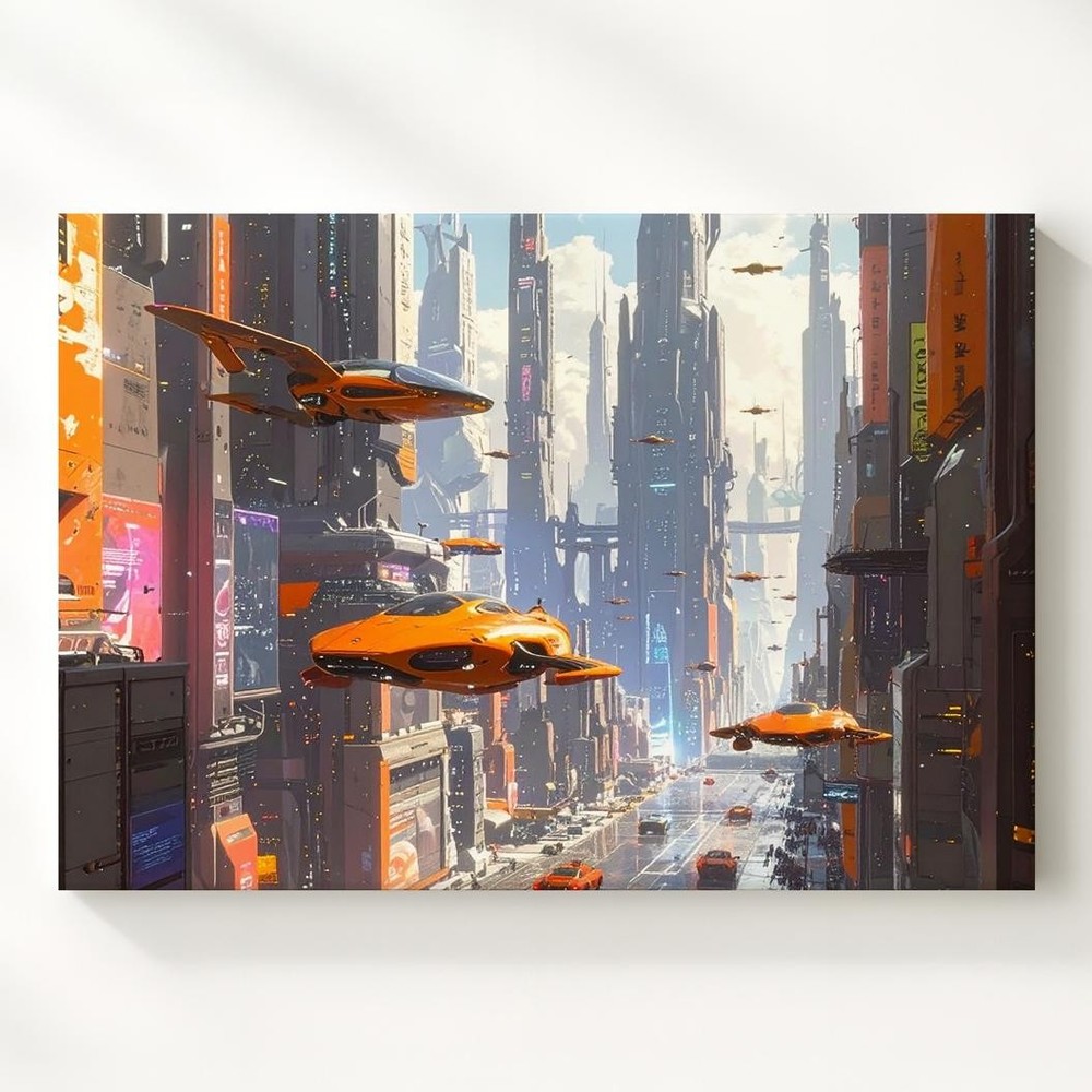 Futuristic Neon Cityscape Canvasflying Vehicles And Towering Skyscrapers Wall