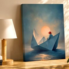 Wall Art Origami Paper Boat Sunset Ocean Surreal Figure Minimalist Print Decor