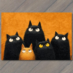 Art Print Black Cats Orange Cat Funny Wide Eyed Whimsical Art Style