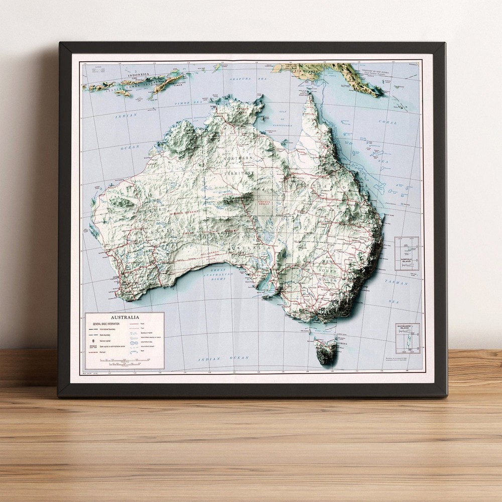 Australia Map, Australia 2D Relief Map, Australia Vintage Map – 2D Flat Print