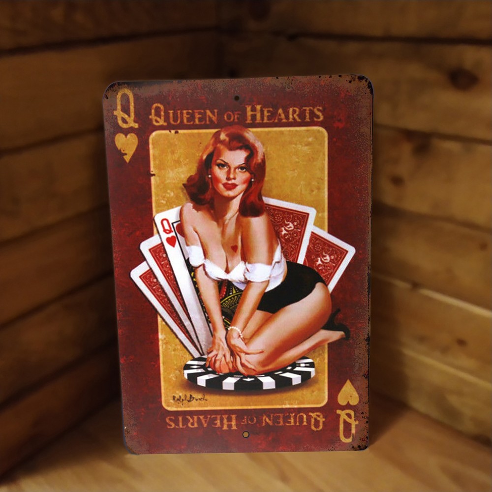 Queen of Hearts Rusty Look Pinup Girl on Poker Chip Metal Poster Sign NEW