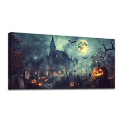 Halloween Haunted Castle Canvas Wall Art – Spooky Pumpkin Cemetery Home Decor