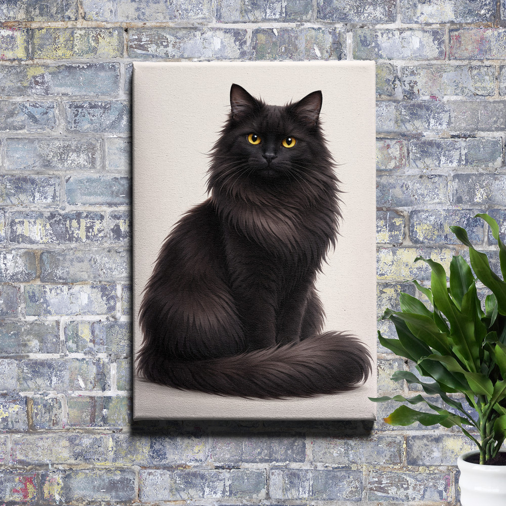 Black Cat Portrait Fluffy Long Fur Framed Canvas Wall Art 12x18inch