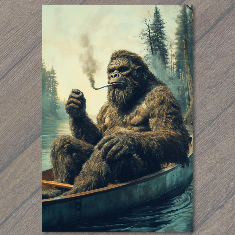 Art Print Bigfoot Canoeing Smoking Boat Fishing Wilderness Retro Funny