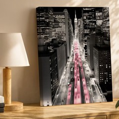 Black And White Cityscape Canvas Wall Art With Pink Light Trails Urban Print