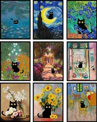 Charming 9Pcs Black Cat Artwork – Perfect Gift for Cat Lovers Unframed
