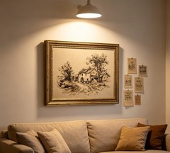 Vintage Gold Framed Sketch Cottage Canvas Wall Art,Retro Farmhouse Painting P…