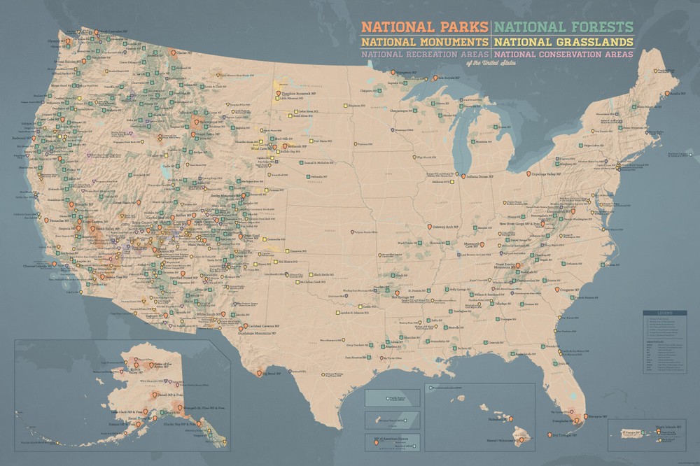 US National Parks, Monuments, & Forests Map 24×36 Poster (Tan & Slate Blue) #836
