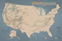 US National Parks, Monuments, & Forests Map 24×36 Poster (Tan & Slate Blue) #836
