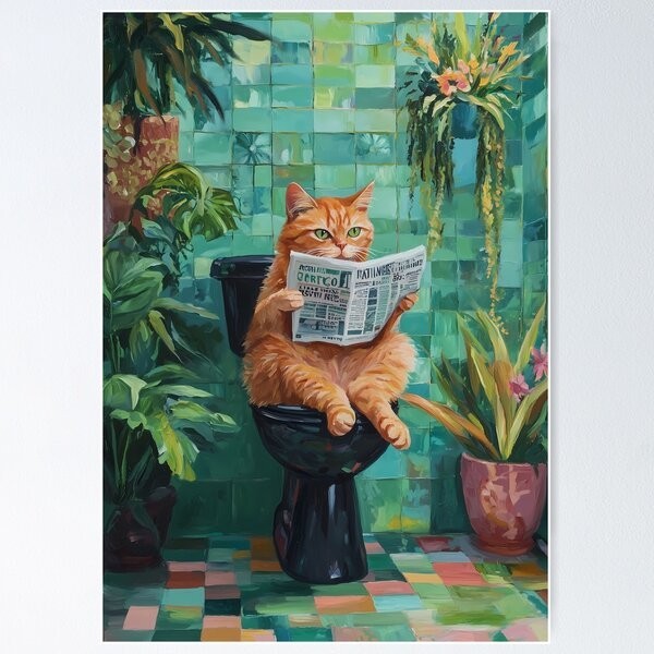 NEW! Best Design Funny Orange Cat Reading Newspaper Sitting on the Toilet Poster