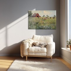 Red Barn Cattle Field Farm Cows Painting Print, Framed Canvas Wall Art Farmhouse