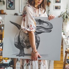 Canvas Wall Art a Black and White Pencil Sketch of a Tyrannosaurus Rex Facing