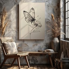 Canvas Wall Art a Delicate Black Ink Sketch of a Butterfly Perched on a Flower