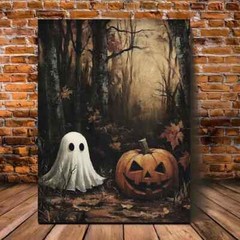 A Charming Ghost Next To A Carved Pumpkin Wall Art Canvas Unframed/Framed