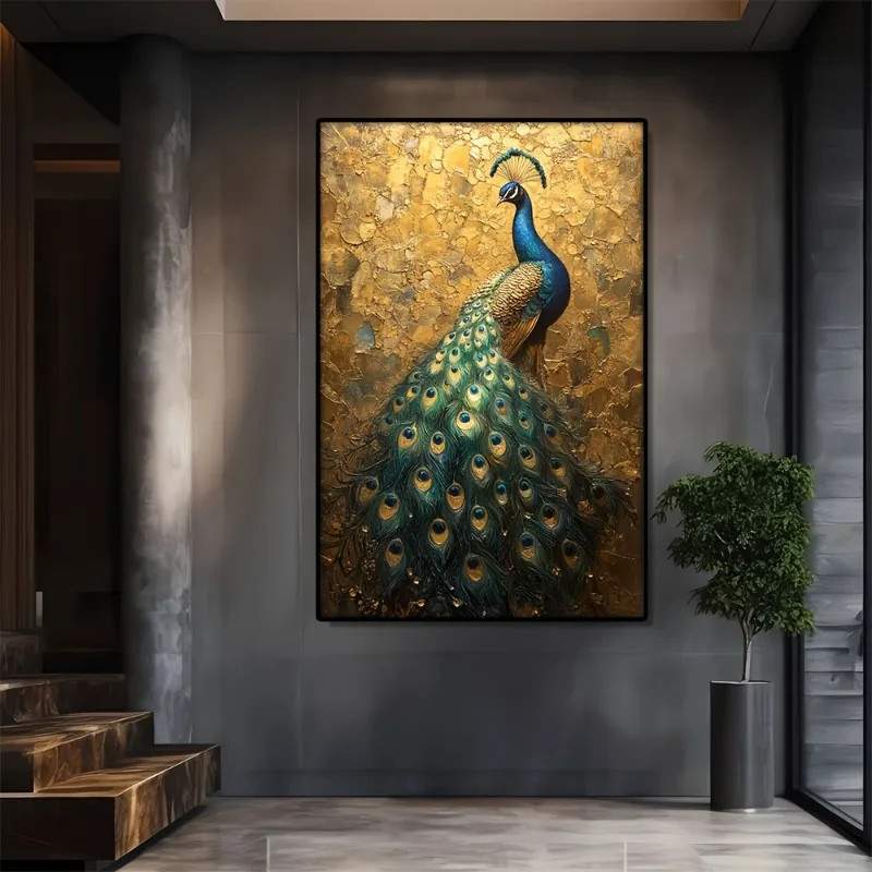 Vintage Golden Peacock Canvas Painting Vibrant Blue And Green Feathers Wall Art