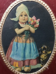 Dutch Girl w/ Flowers & Dog – Miniature Art Print-Framed On Wood-Brass Hanger