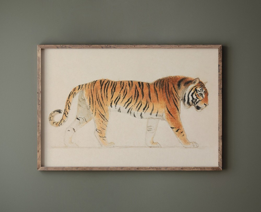 Vintage Tiger Wall Art Print, Neutral Tone Pacing Tiger Wildlife Decor